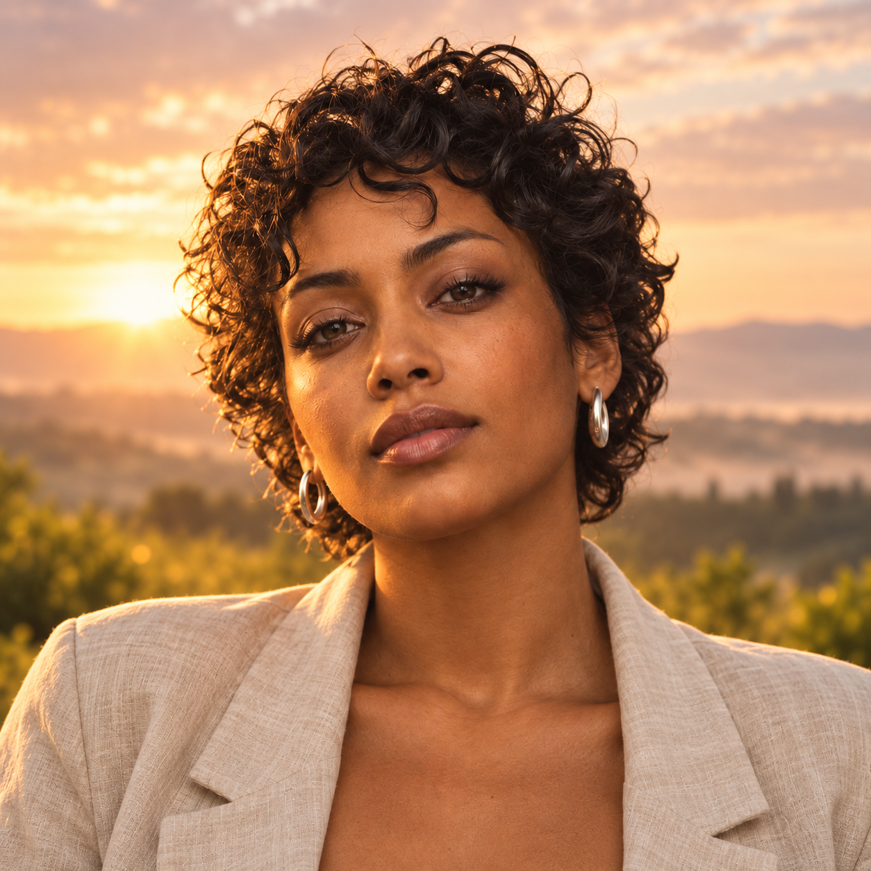 Fictional female singer with short dark curls, closely framed against a hopeful golden dawn landscape