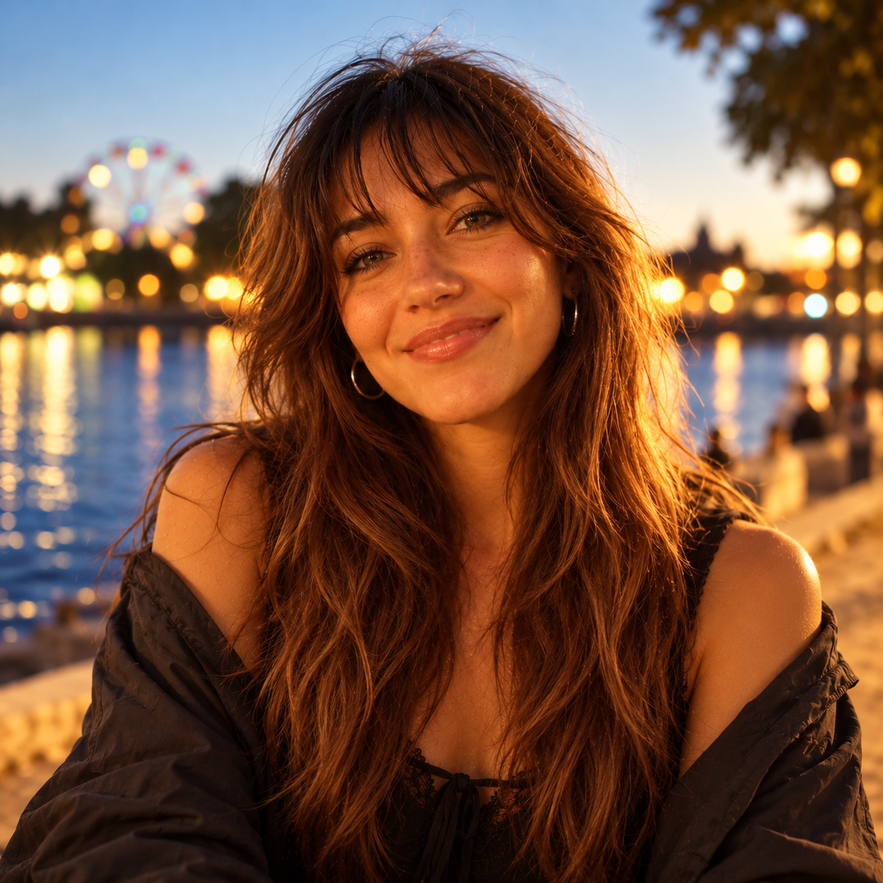 Joss Arlen, a fictional young woman with tousled chestnut hair, a wispy fringe and a warm smile beside the river at golden hour