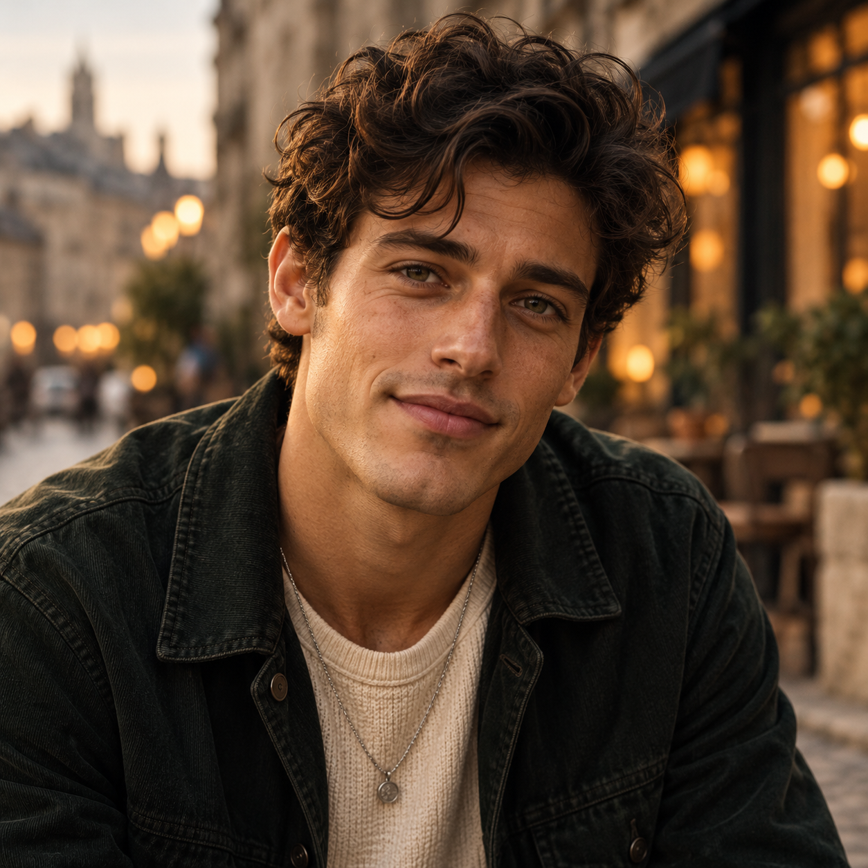 Luca Halden, a fictional young male singer with wavy chestnut hair in a forest green overshirt