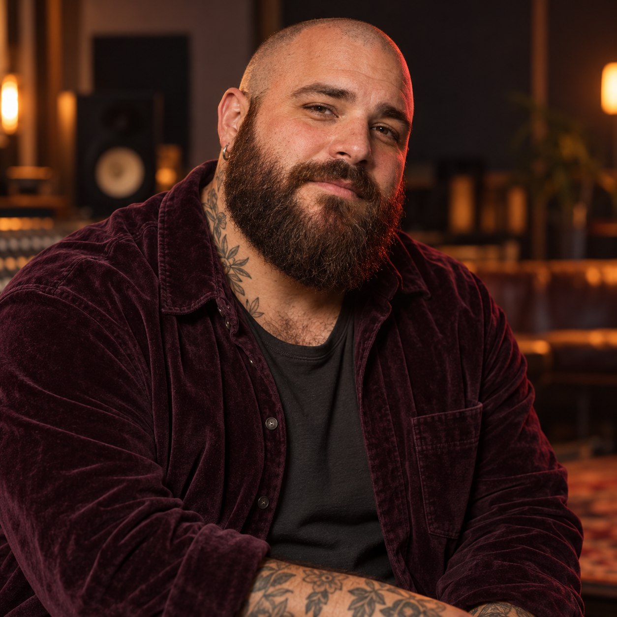 Fictional male soul singer with a full beard, shaved head and plum velvet overshirt in a warm recording studio