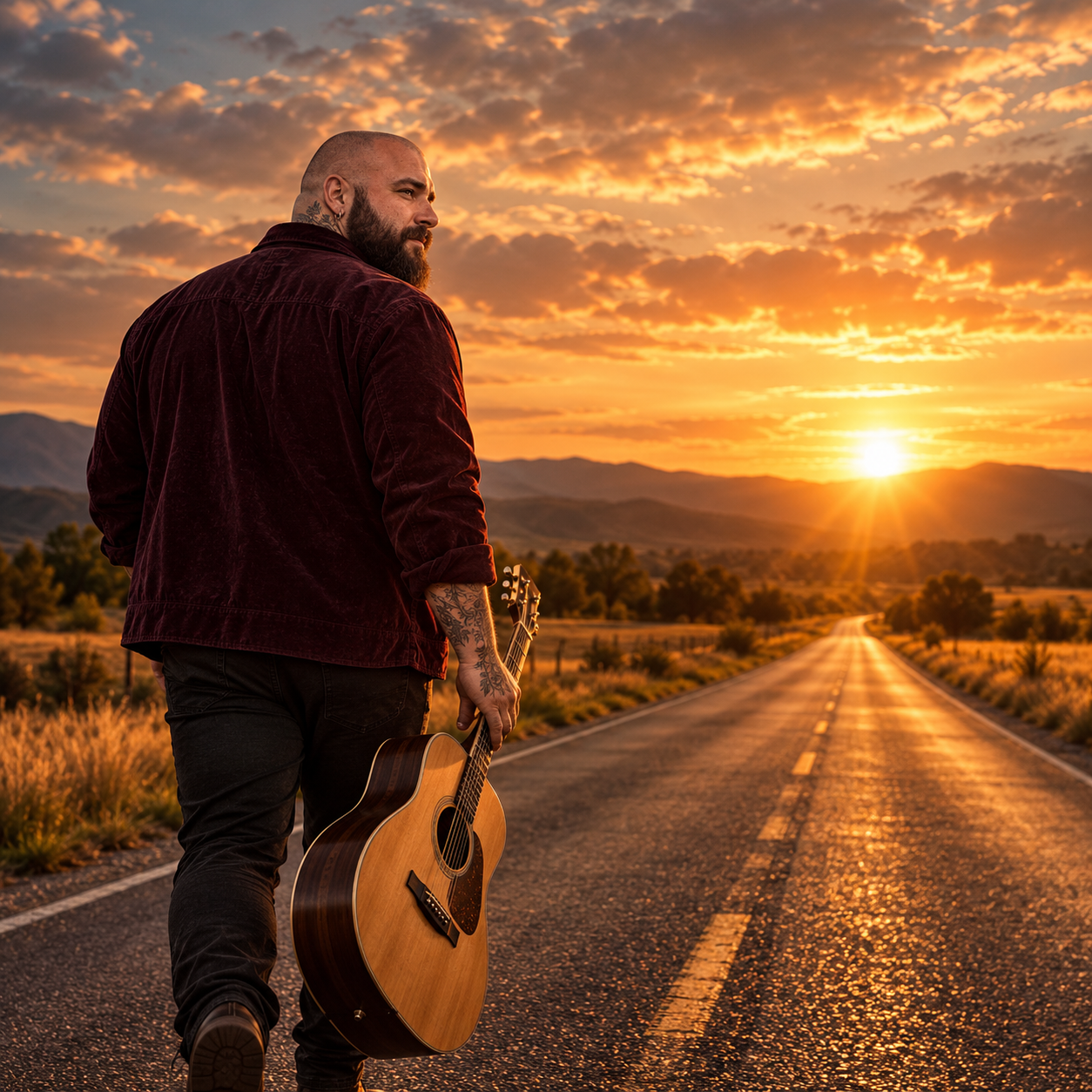 Ruben Vey carrying his guitar towards the sunset